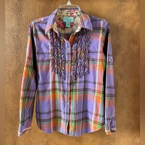 Tasha Polizzi Lavender Purple Plaid Flannel Shirt Ruffle Size Small Western